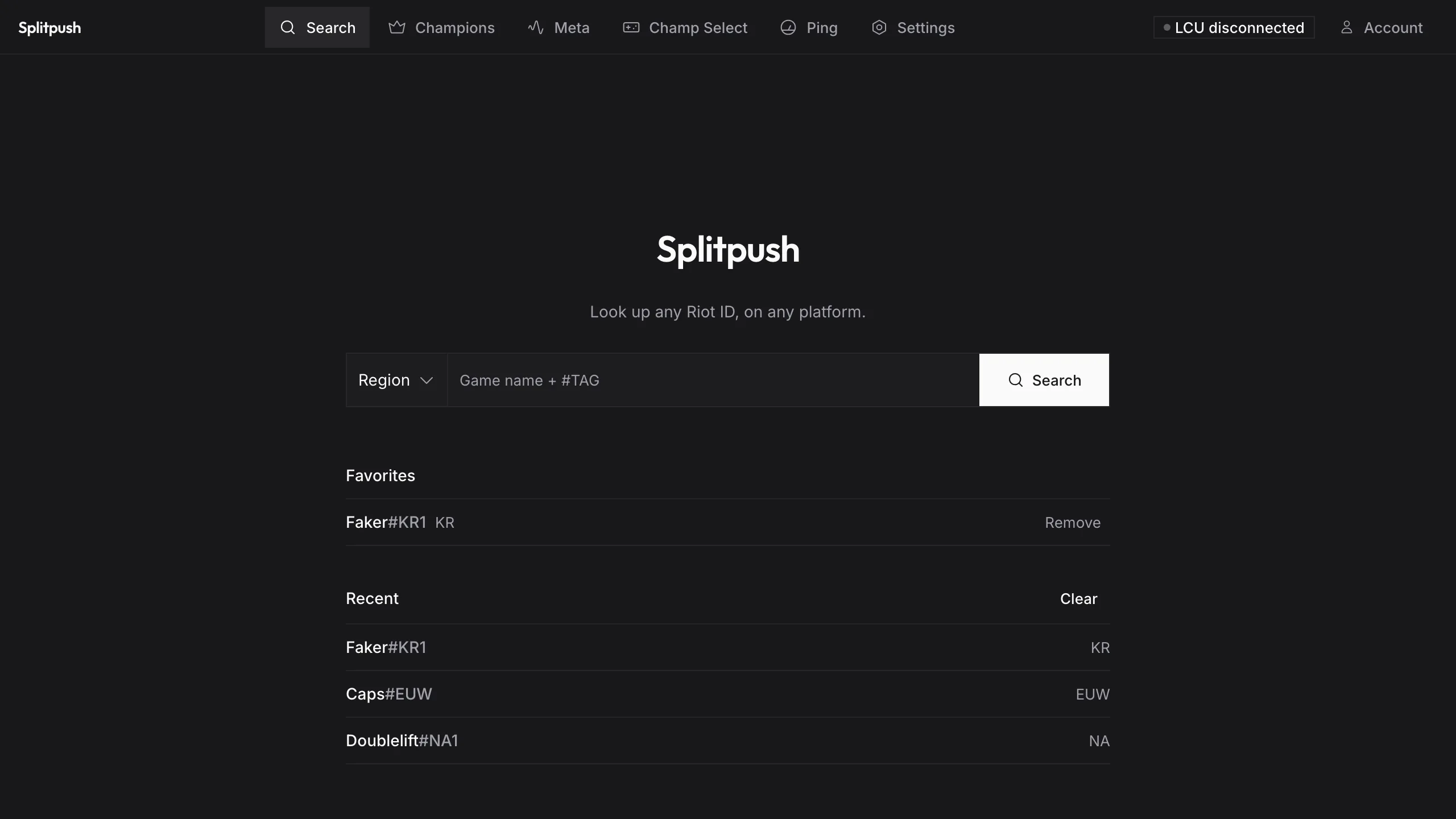 Splitpush summoner search with recent and favourited accounts