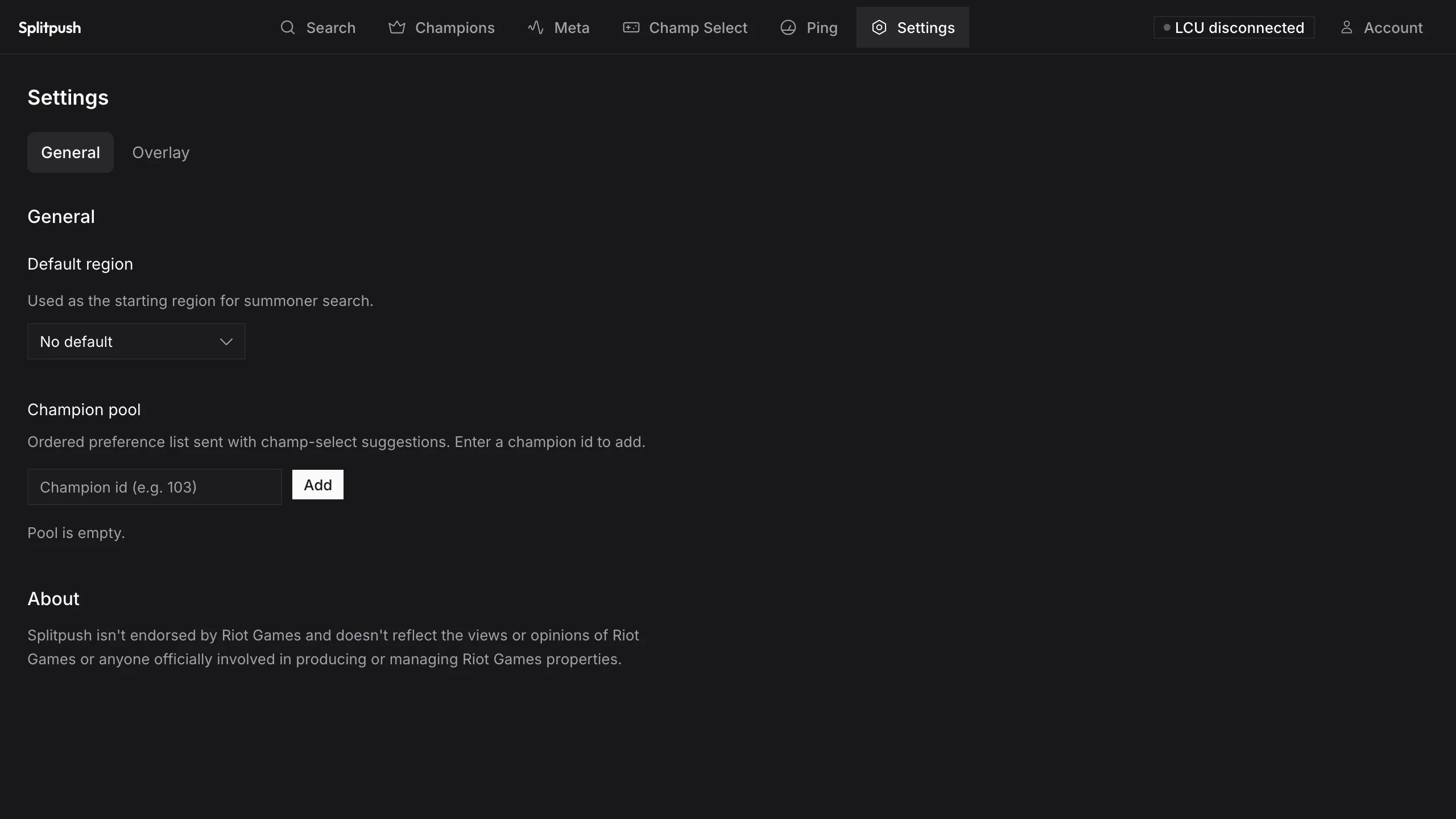 Splitpush settings for overlay, League client connection and region